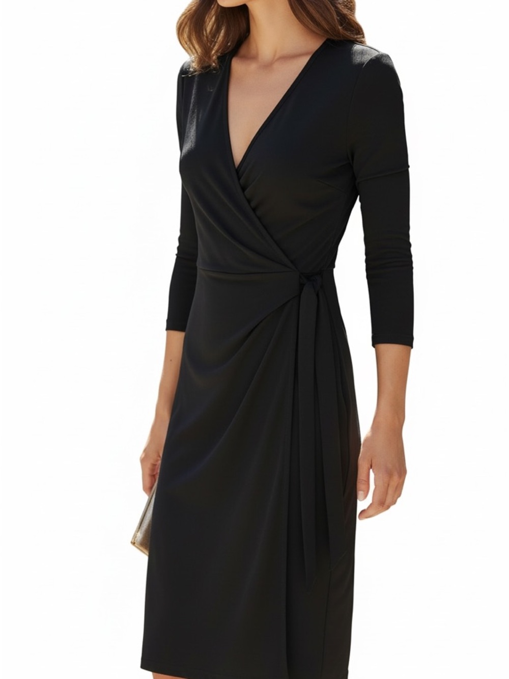 Anne Klein Black Faux-Wrap Long Sleeve Knot Dress
